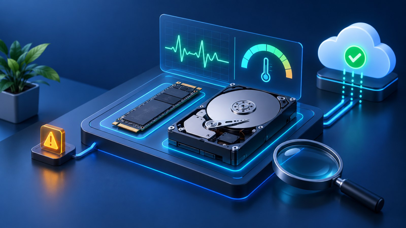 Diagnóstico de saúde de SSD e disco rígido com backup